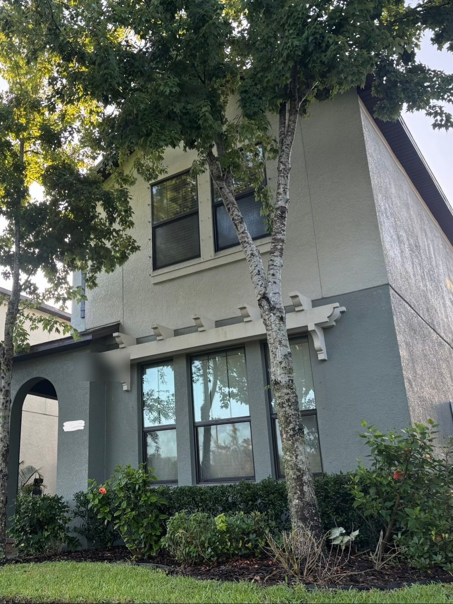 Townhome frontage before pruning with fuller tree canopy near the upper windows
